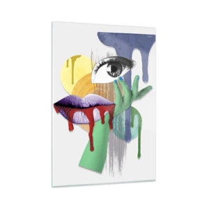 Glasbild - Bild auf glas - Abstrakte Komposition mit Auge, Mund und Farben - 50x70cm - Ein dekonstruiertes Porträt - Moderne Wanddekoration für Wohnzimmer und Schlafzimmer ARTTOR