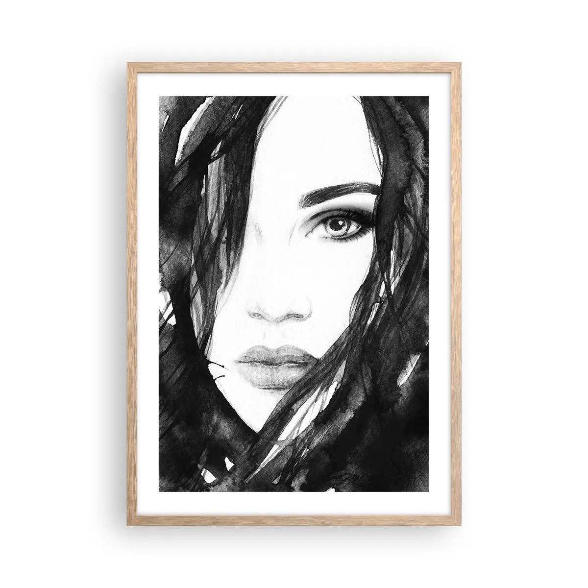 Poster in einem Rahmen aus heller Eiche - Porträt einer Dame in Schwarzweiß - 50x70 cm
