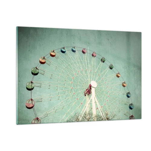 Glasbild - Bild auf glas - Ein buntes Riesenrad vor einem pastellgrünen Hintergrund - 120x80cm - Wir laden zum Spiel ein - Moderne Wanddekoration für Wohnzimmer und Schlafzimmer ARTTOR