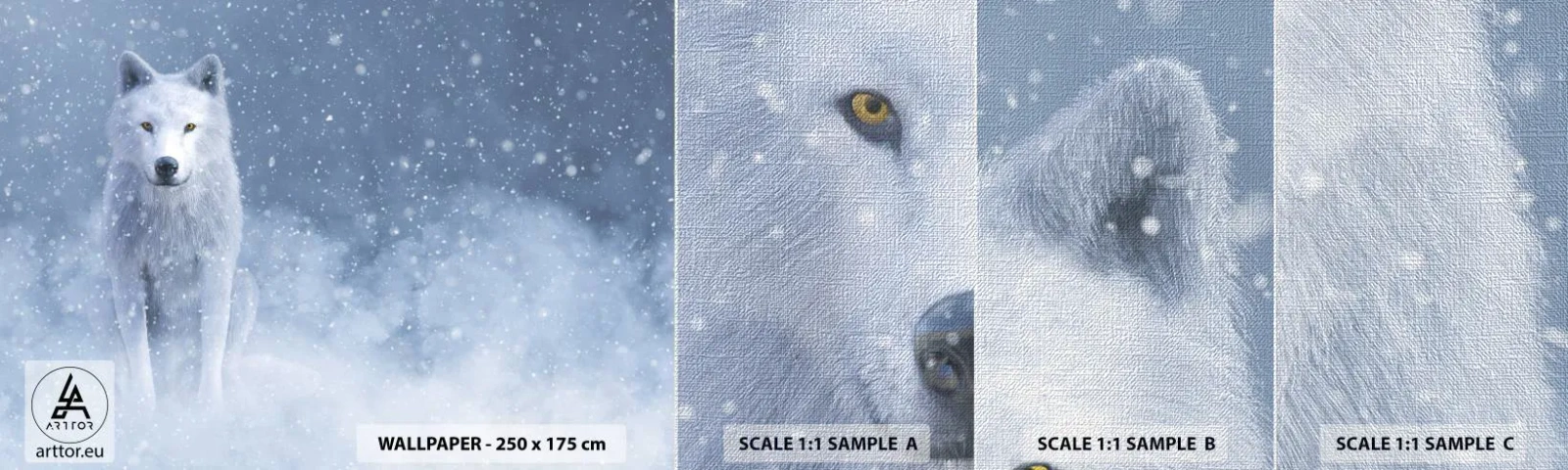 Fototapeten Muster Premium Canvas - In Winterstimmung - weißer Wolf, Tiere, Winter - 100x30 cm