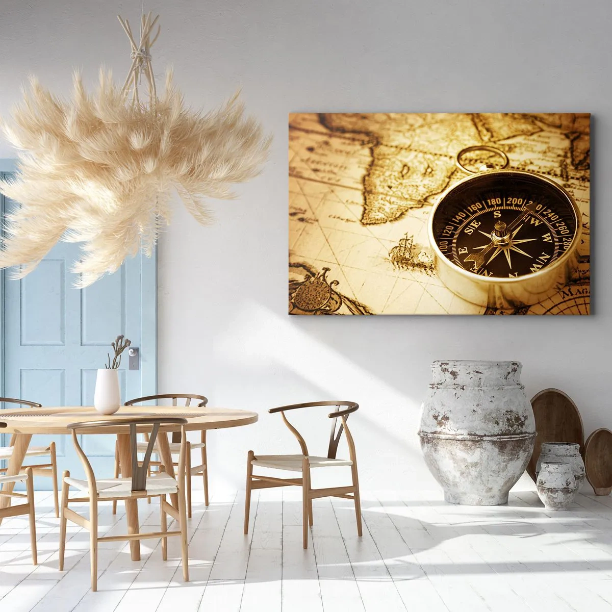 Bild auf Leinwand - Leinwandbild - Ein antiker Kompass vor dem Hintergrund einer alten Weltkarte - 120x80cm - Ost oder West? - Moderne Wanddekoration für Wohnzimmer und Schlafzimmer ARTTOR