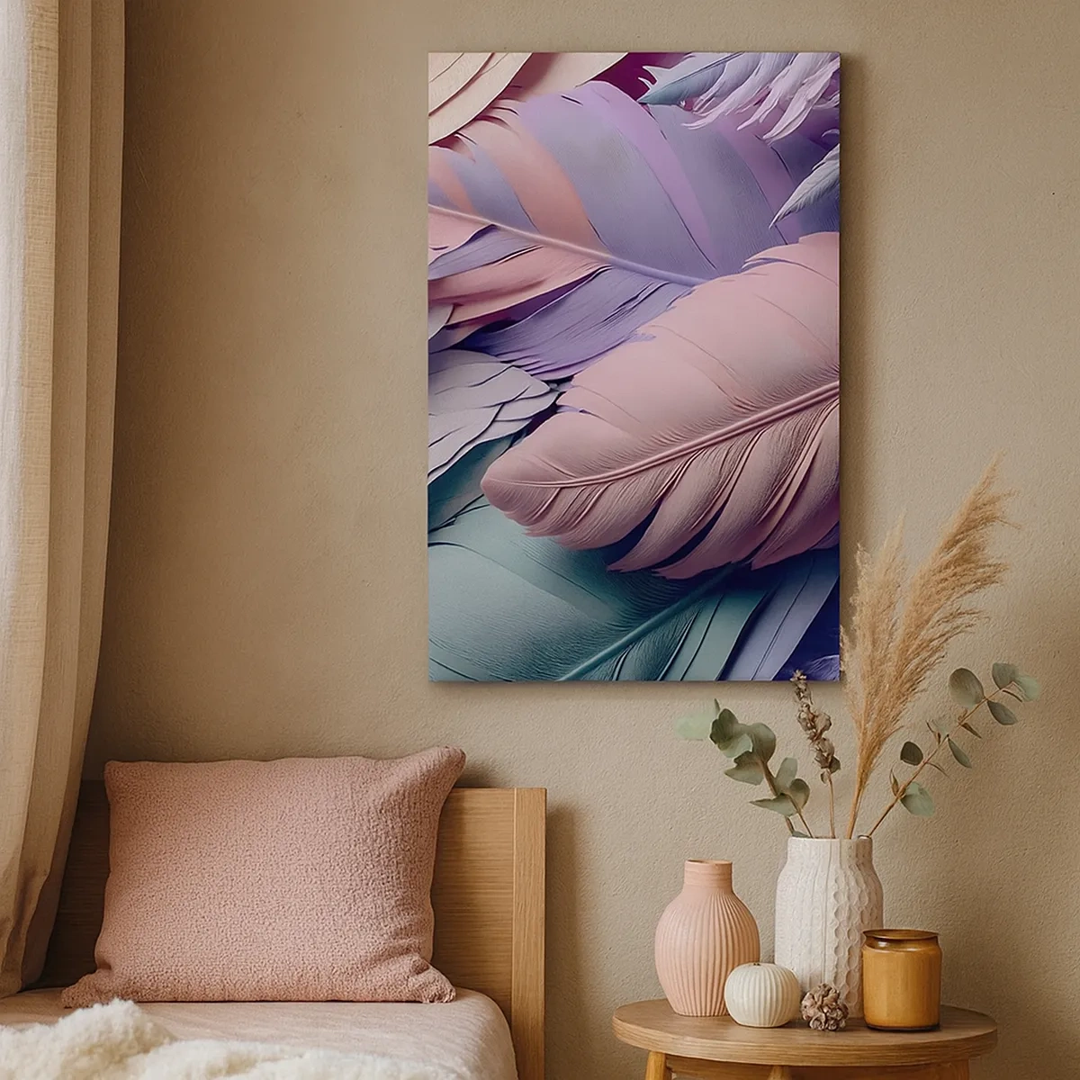 Bild auf Leinwand - Leinwandbild - Bunte Federn in Pastelltönen auf hellem Hintergrund - 50x70cm - Vogel-Chic - Moderne Wanddekoration für Wohnzimmer und Schlafzimmer ARTTOR