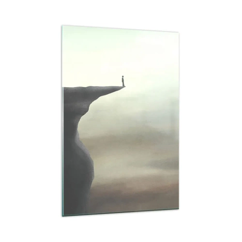 Glasbild - Bild auf glas - Silhouette einer Figur am Rand einer Klippe in einer nebligen Landschaft - 80x120cm - Nach oben, natürlich! - Moderne Wanddekoration für Wohnzimmer und Schlafzimmer ARTTOR