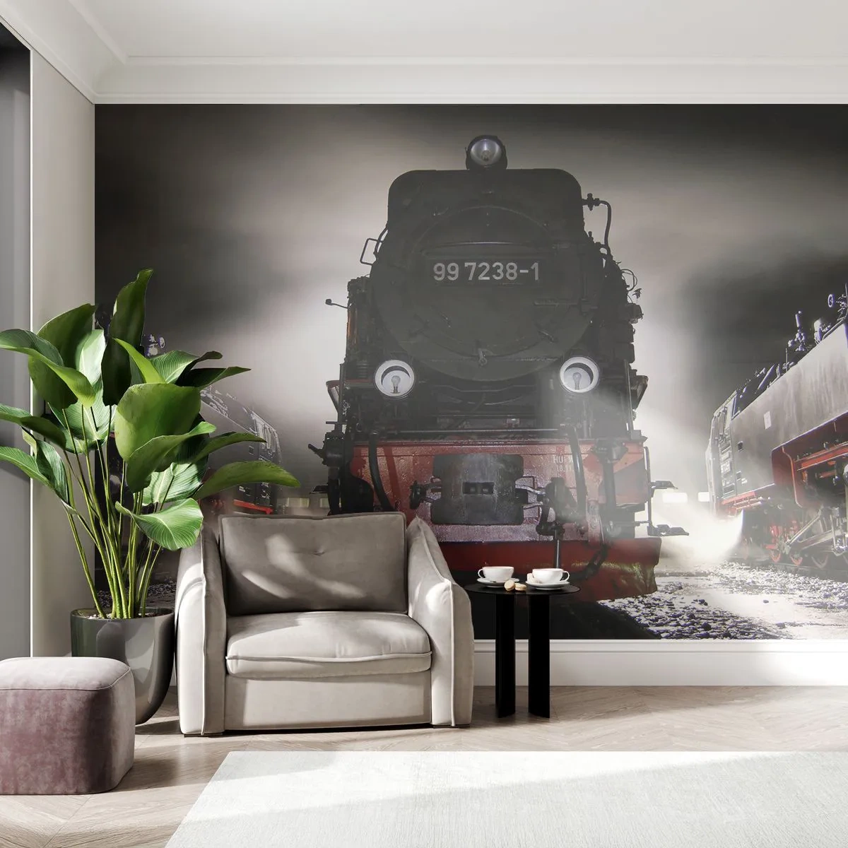 Fototapete Premium Sand - Eine Dampflokomotive inmitten von Rauch und Lichtern in einer industriellen Atmosphäre - 100x70cm - Er steht und keucht, seufzt und pustet - Moderne Wanddekoration für Wohnzimmer und Schlafzimmer ARTTOR