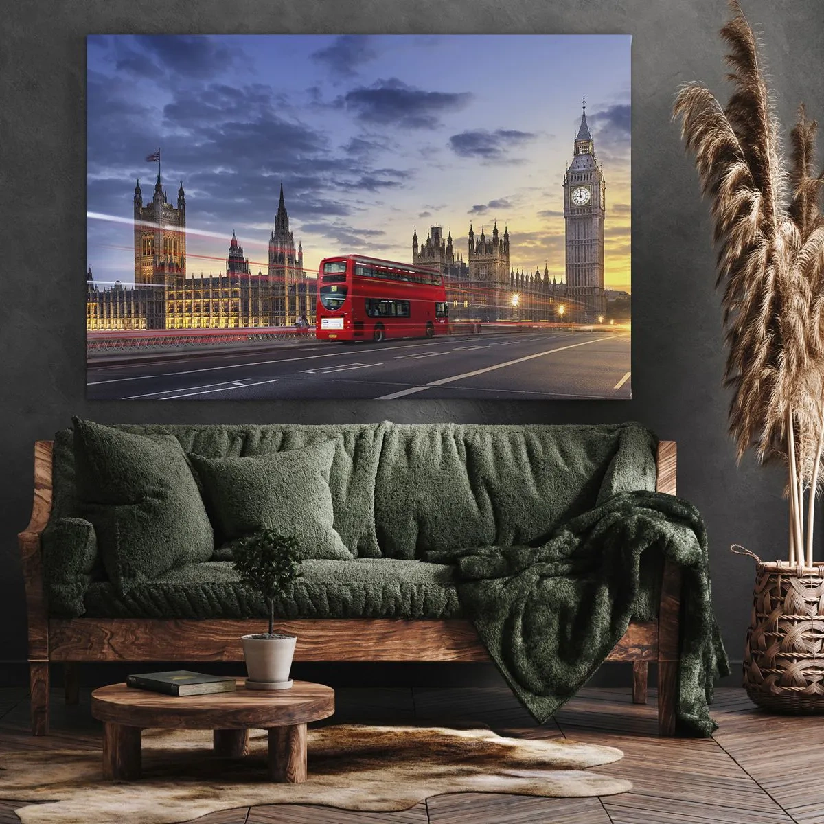 Bild auf Leinwand - Leinwandbild - Ein roter Bus mit Big Ben und den Houses of Parliament im Hintergrund in der Abenddämmerung. - 70x50cm - Spezielle Charaktere - Moderne Wanddekoration für Wohnzimmer und Schlafzimmer ARTTOR