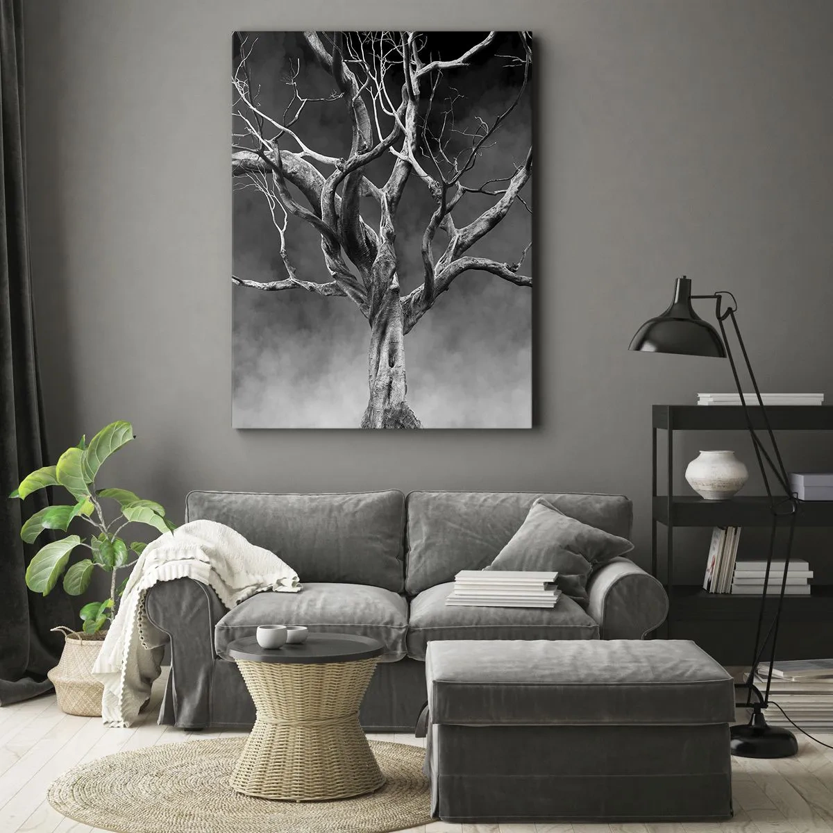 Bild auf Leinwand - Leinwandbild - Ein trockener Baum in Schwarz und Weiß gegen den Nebel - 80x120cm - Ursprünglich und heilig - Moderne Wanddekoration für Wohnzimmer und Schlafzimmer ARTTOR