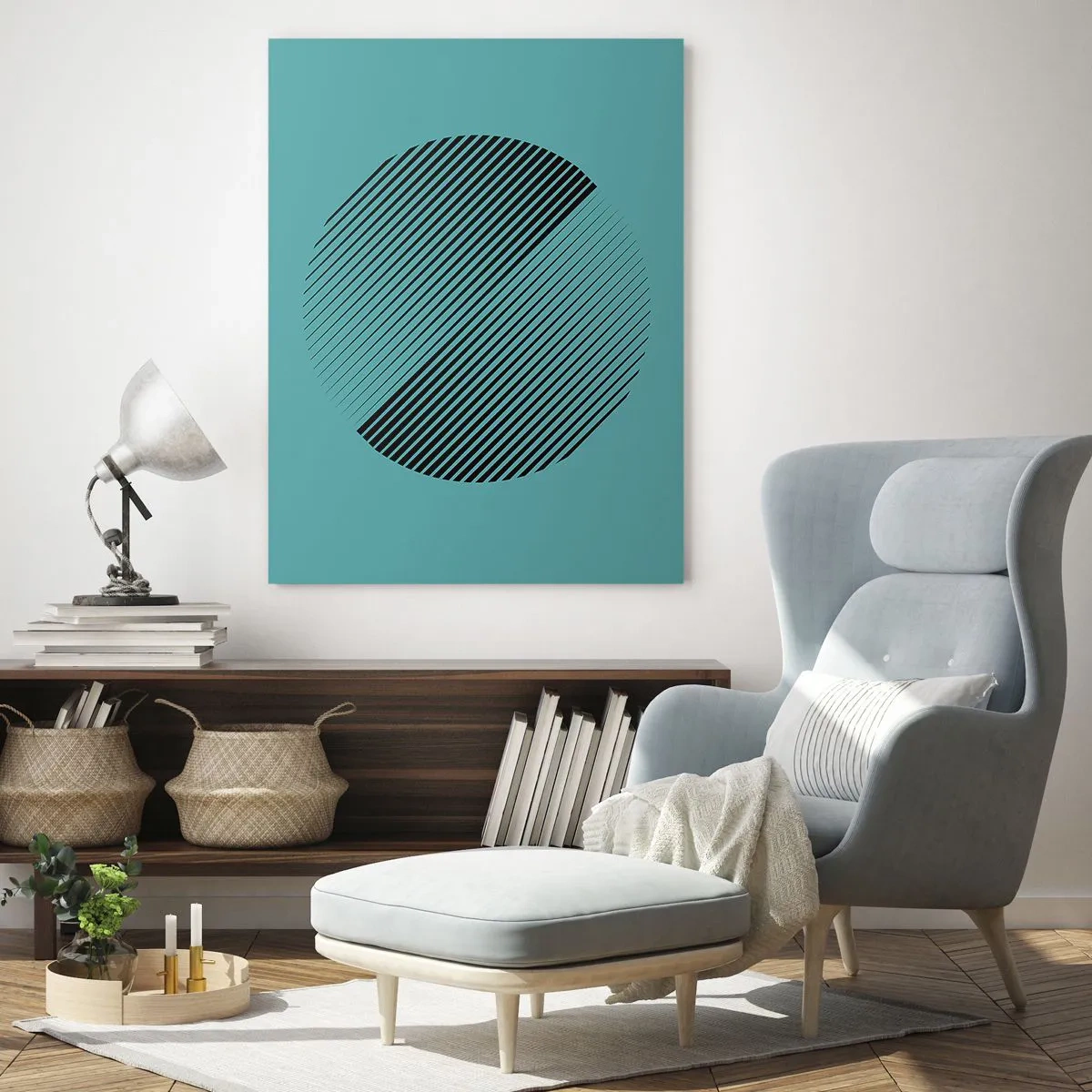 Glasbild - Bild auf glas - Schwarze Linien bilden einen Kreis auf türkisfarbenem Hintergrund - 50x70cm - Kreis – eine geometrische Variante - Moderne Wanddekoration für Wohnzimmer und Schlafzimmer ARTTOR
