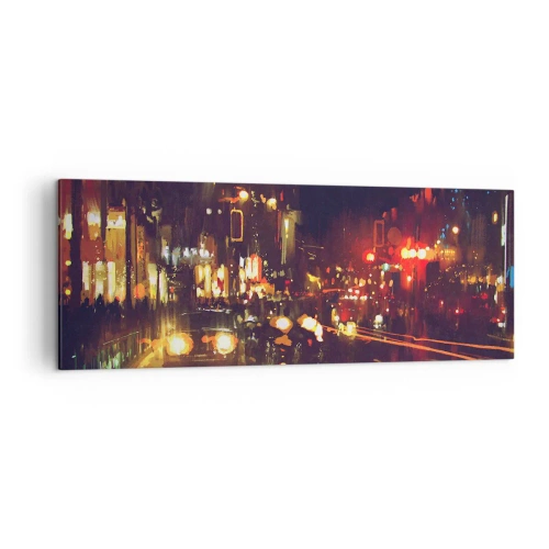 Bild auf Leinwand - Leinwandbild - Nachtszene in der Stadt mit bunten Lichtern und Straßenreflexionen - 140x50cm - Eingetaucht in die Lichter der Nacht - Moderne Wanddekoration für Wohnzimmer und Schlafzimmer ARTTOR