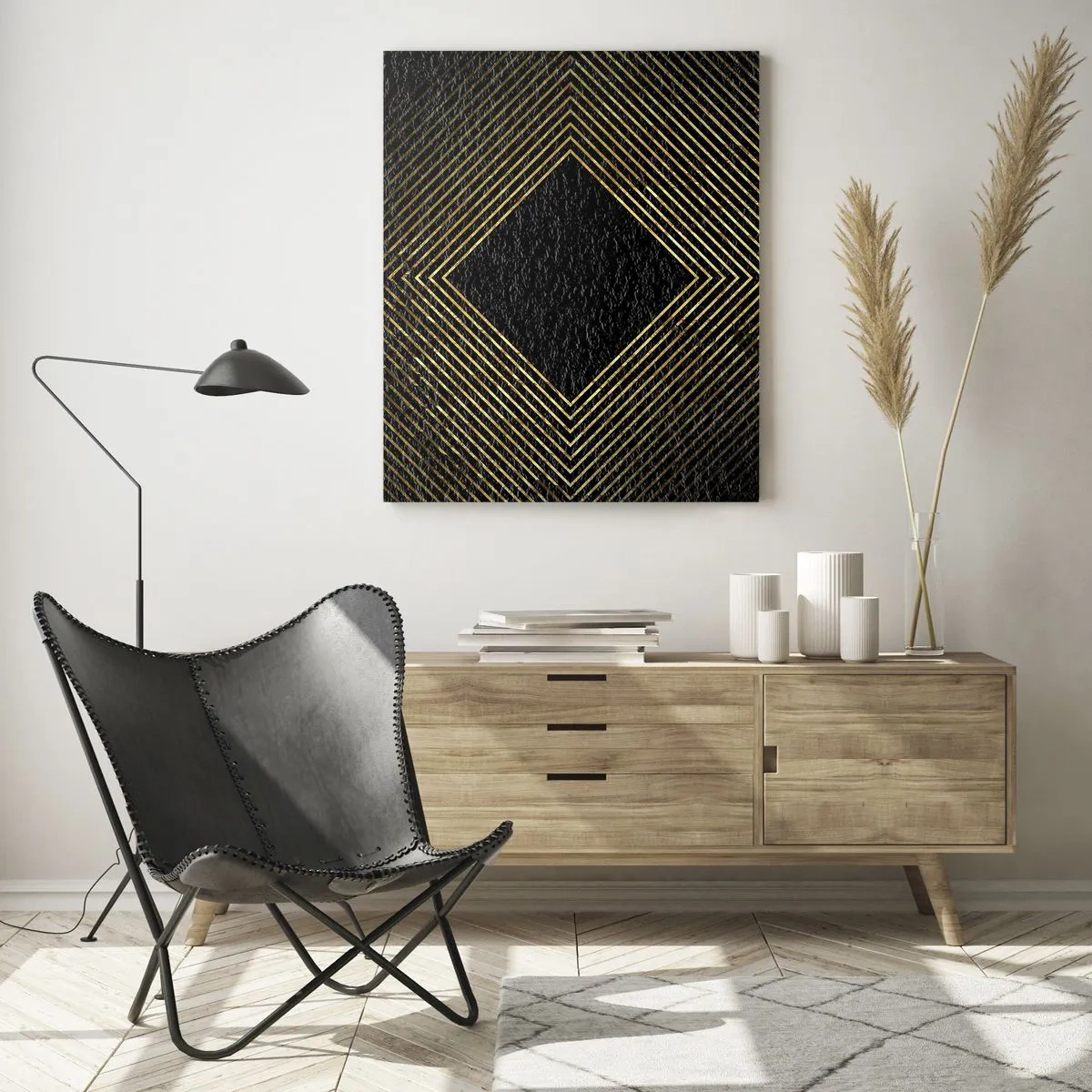 Glasbild - Bild auf glas - Goldener Diamant mit geometrischen Linien auf schwarzem Hintergrund - 50x70cm - Geometrie im glamourösen Stil - Moderne Wanddekoration für Wohnzimmer und Schlafzimmer ARTTOR