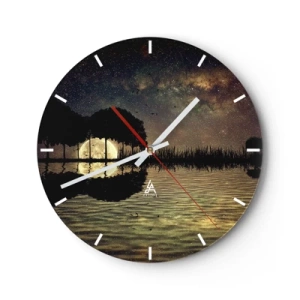 Wanduhr - Glasuhr - Landschaft mit See, Bäumen und Sternenhimmel bei Nacht - 30x30cm - Nacht am Ende der Welt - Moderne Wanddekoration für Wohnzimmer, Küche und Schlafzimmer ARTTOR