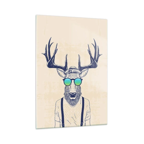 Glasbild - Bild auf glas - Ein eleganter Hirsch mit Sonnenbrille auf hellem Hintergrund - 50x70cm - Wen hast du erwartet? - Moderne Wanddekoration für Wohnzimmer und Schlafzimmer ARTTOR