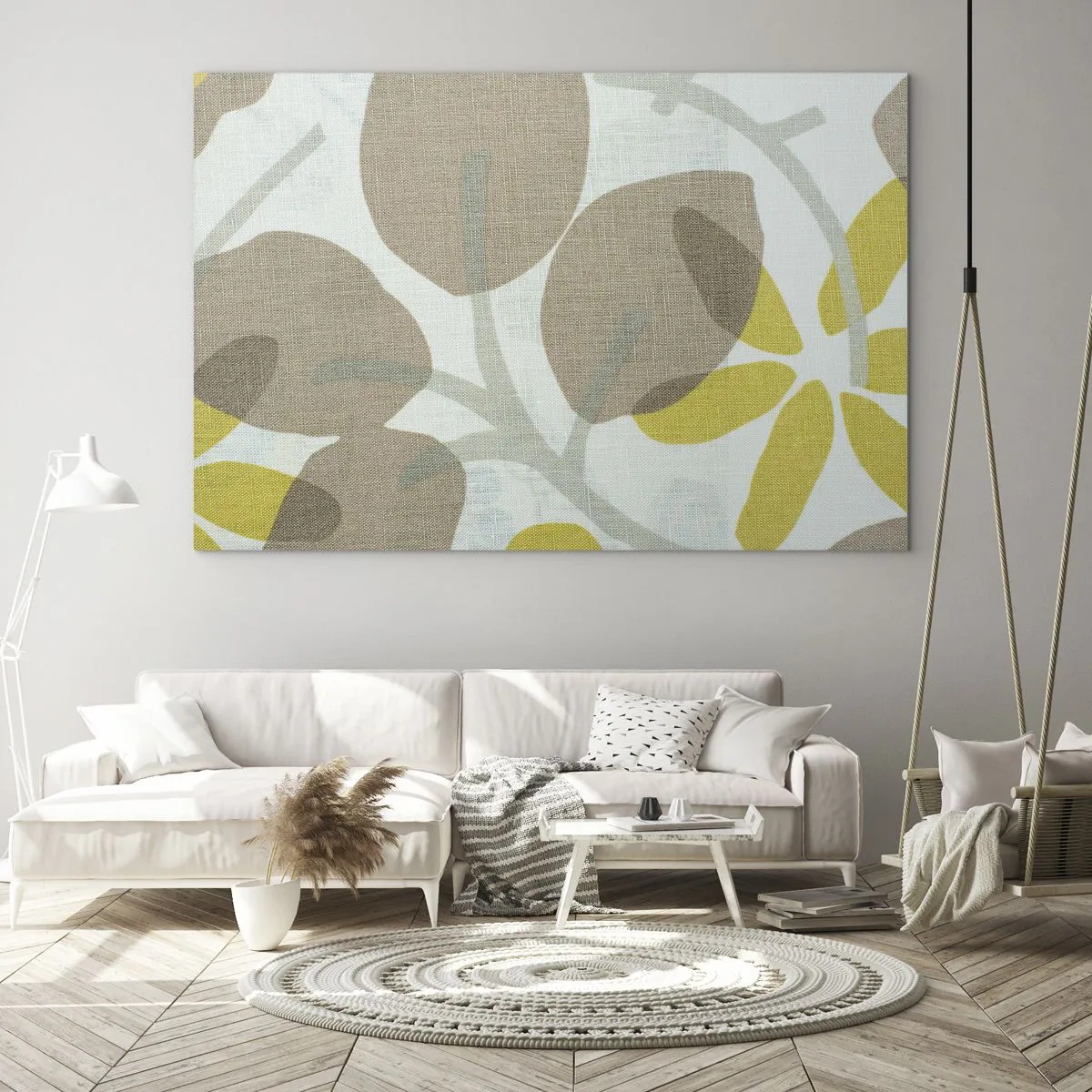 Glasbild - Bild auf glas - Stilisierte Blätter und Blüten in Pastellbeige und Gelb - 70x50cm - Komposition in voller Sonne - Moderne Wanddekoration für Wohnzimmer und Schlafzimmer ARTTOR
