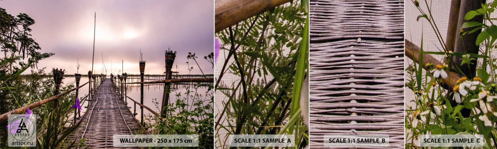 Fototapeten Muster Premium Canvas - Frieden und Ruhe Asiens - Landschaft, Fluss, Bambus - 100x30 cm