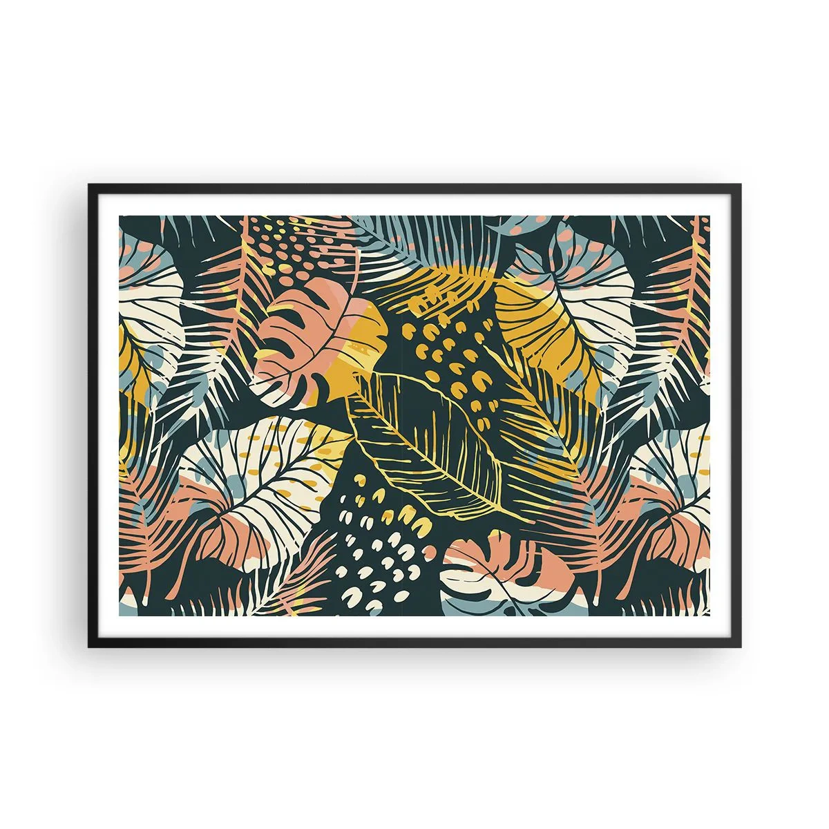 Poster in einem schwarzem Rahmen - Bunte Blätter auf dunklem Hintergrund - 100x70cm - Grüne Fantasie - Moderne Wanddekoration für Wohnzimmer und Schlafzimmer ARTTOR