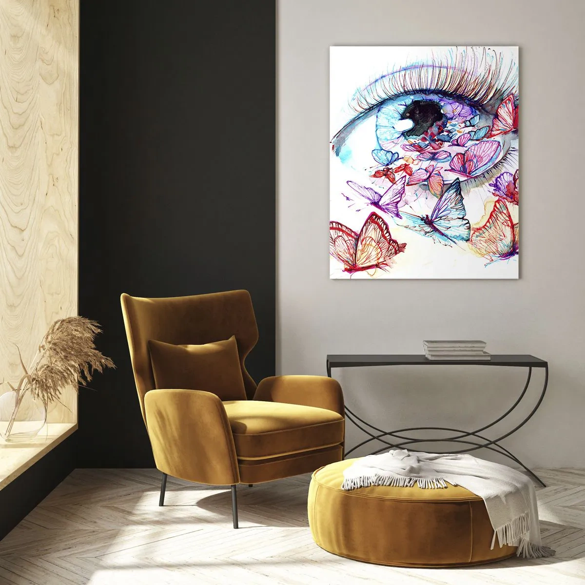 Glasbild - Bild auf glas - Das Auge einer Frau, umgeben von bunten Aquarellschmetterlingen - 50x70cm - Märchenhafter Augenzauber - Moderne Wanddekoration für Wohnzimmer und Schlafzimmer ARTTOR