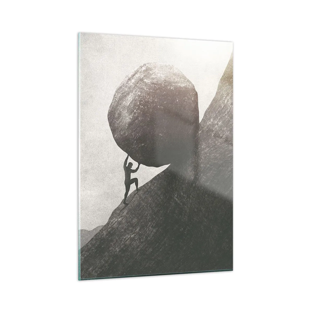 Glasbild - Bild auf glas - Eine Figur, die einen Felsbrocken vor einer Berglandschaft bergauf schiebt - 50x70cm - Ich glaube wider alle Hoffnung - Moderne Wanddekoration für Wohnzimmer und Schlafzimmer ARTTOR