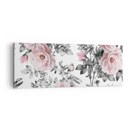 Bild auf Leinwand - Leinwandbild - Rosa Rosen und Blätter auf einem zarten schwarz-weißen Hintergrund - 140x50cm - Verliere dich in den Blüten der Rosen - Moderne Wanddekoration für Wohnzimmer und Schlafzimmer ARTTOR