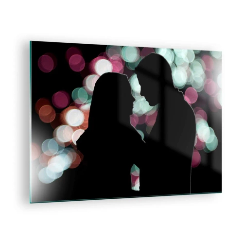 Glasbild - Bild auf glas - Silhouetten eines Paares vor dem Hintergrund bunter Bokeh-Lichter - 70x50cm - Jawohl! - Moderne Wanddekoration für Wohnzimmer und Schlafzimmer ARTTOR