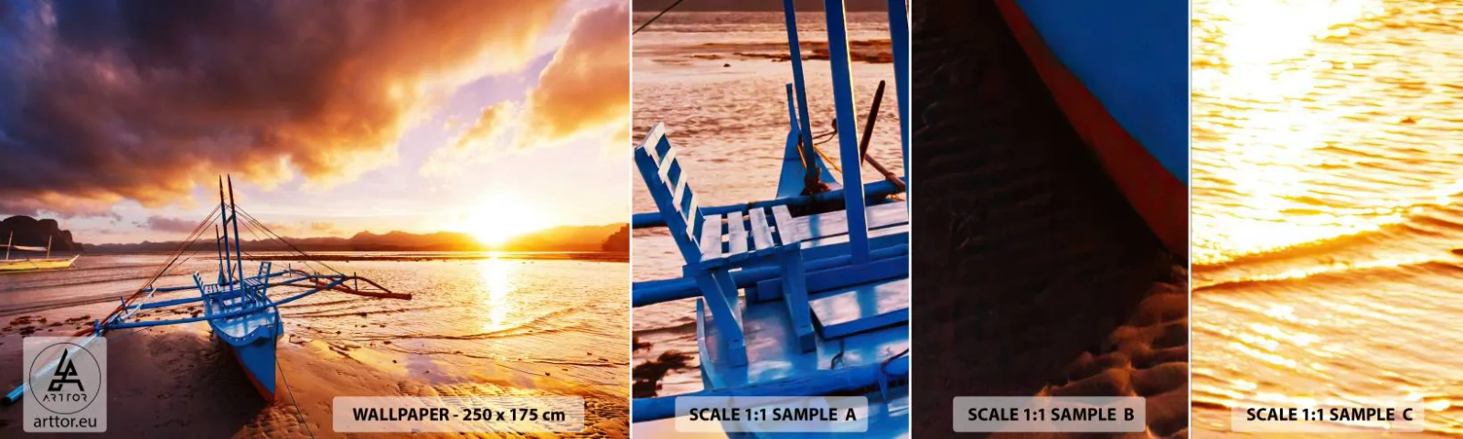 Fototapeten Muster Selbstklebend Deluxe Sticker - Nach einem Tag sich im Sand ausstrecken - Landschaft, Meer, Fischerboot - 100x30 cm