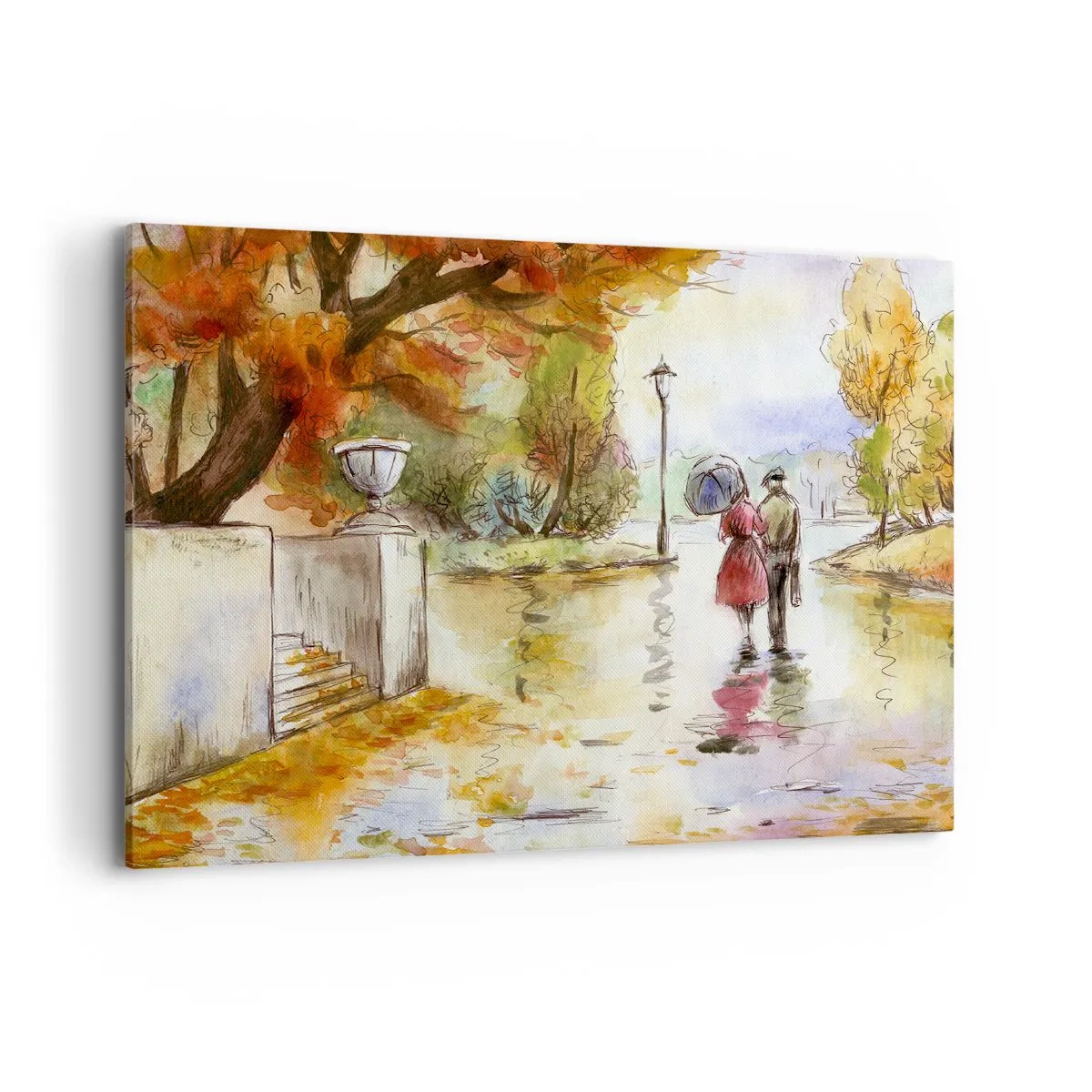 Bild auf Leinwand - Leinwandbild - Ein Spaziergang im Herbstpark mit einem Regenschirm - 100x70cm - Romantischer Herbst im Park - Moderne Wanddekoration für Wohnzimmer und Schlafzimmer ARTTOR