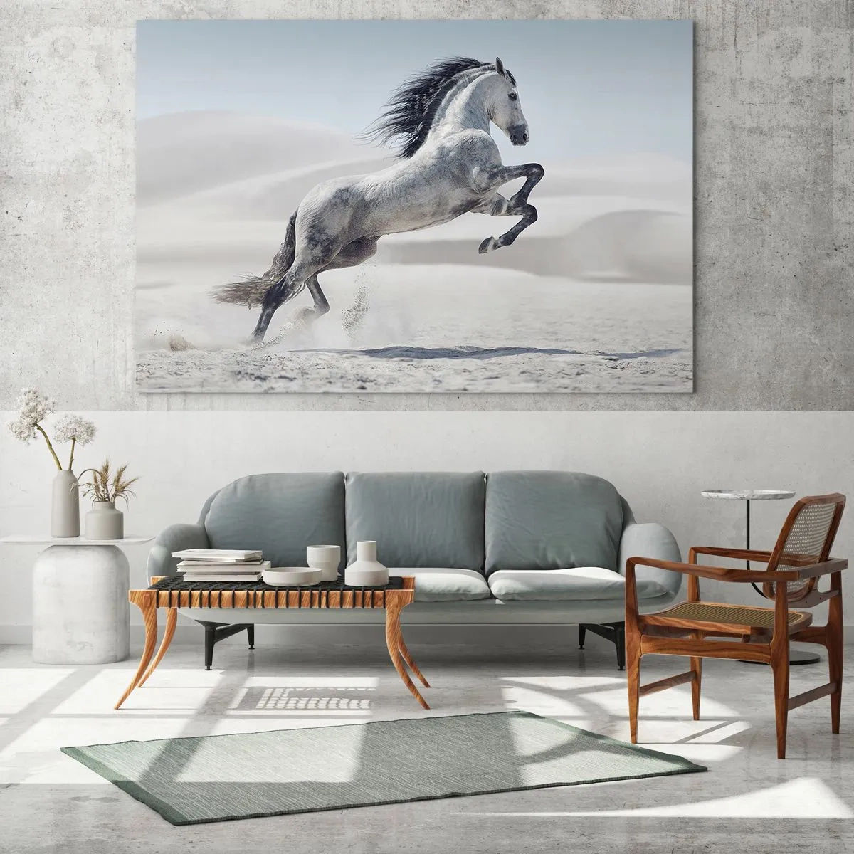 Glasbild - Bild auf glas - Ein weißes Pferd springt vor der Kulisse der Wüstendünen - 70x50cm - Arabischer Prinz - Moderne Wanddekoration für Wohnzimmer und Schlafzimmer ARTTOR