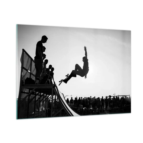 Glasbild - Bild auf glas - Schwarz-weißer Skater in der Luft - 100x70cm - Helden und Zuschauer - Moderne Wanddekoration für Wohnzimmer und Schlafzimmer ARTTOR