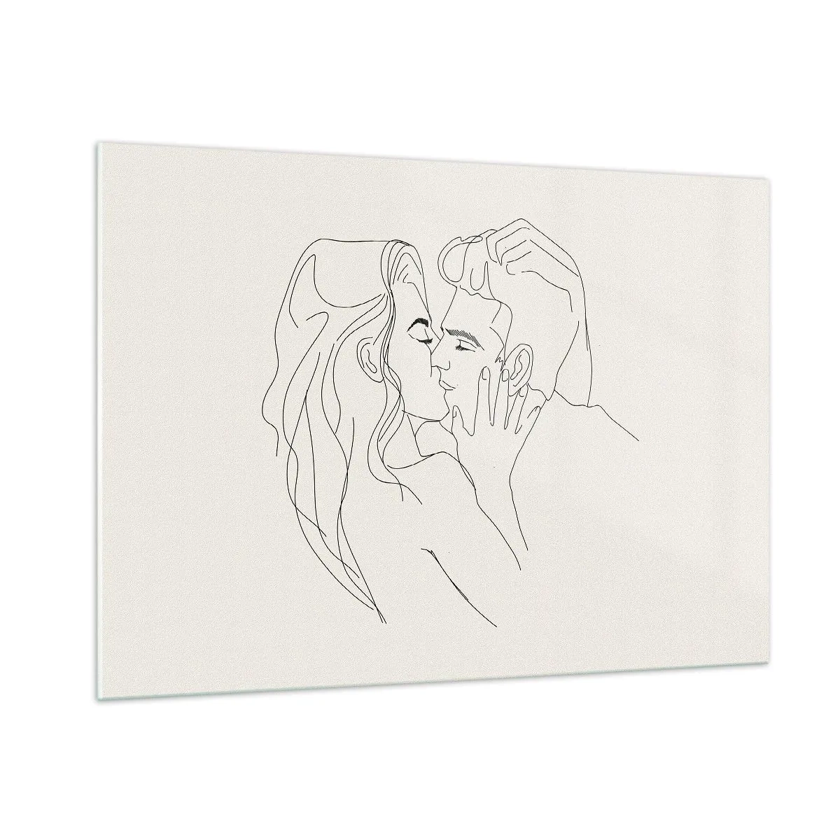 Glasbild - Bild auf glas - Ein sinnlicher Kuss eines Paares in der Konturlinie - 100x70cm - Verstrickt im Gefühl - Moderne Wanddekoration für Wohnzimmer und Schlafzimmer ARTTOR