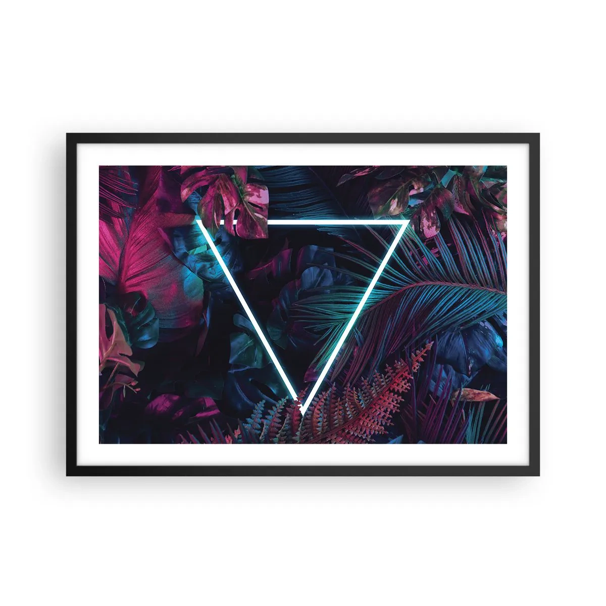 Poster in einem schwarzem Rahmen - Ein Neondreieck, umgeben von tropischen Blättern in dunklen Farben. - 70x50cm - Garten im Disco-Stil - Moderne Wanddekoration für Wohnzimmer und Schlafzimmer ARTTOR