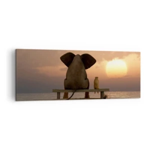Bild auf Leinwand - Leinwandbild - Ein Elefant und ein Hund sitzen während des Sonnenuntergangs auf einer Bank am Strand. - 140x50cm - Es tut gut zusammen zu schweigen - Moderne Wanddekoration für Wohnzimmer und Schlafzimmer ARTTOR
