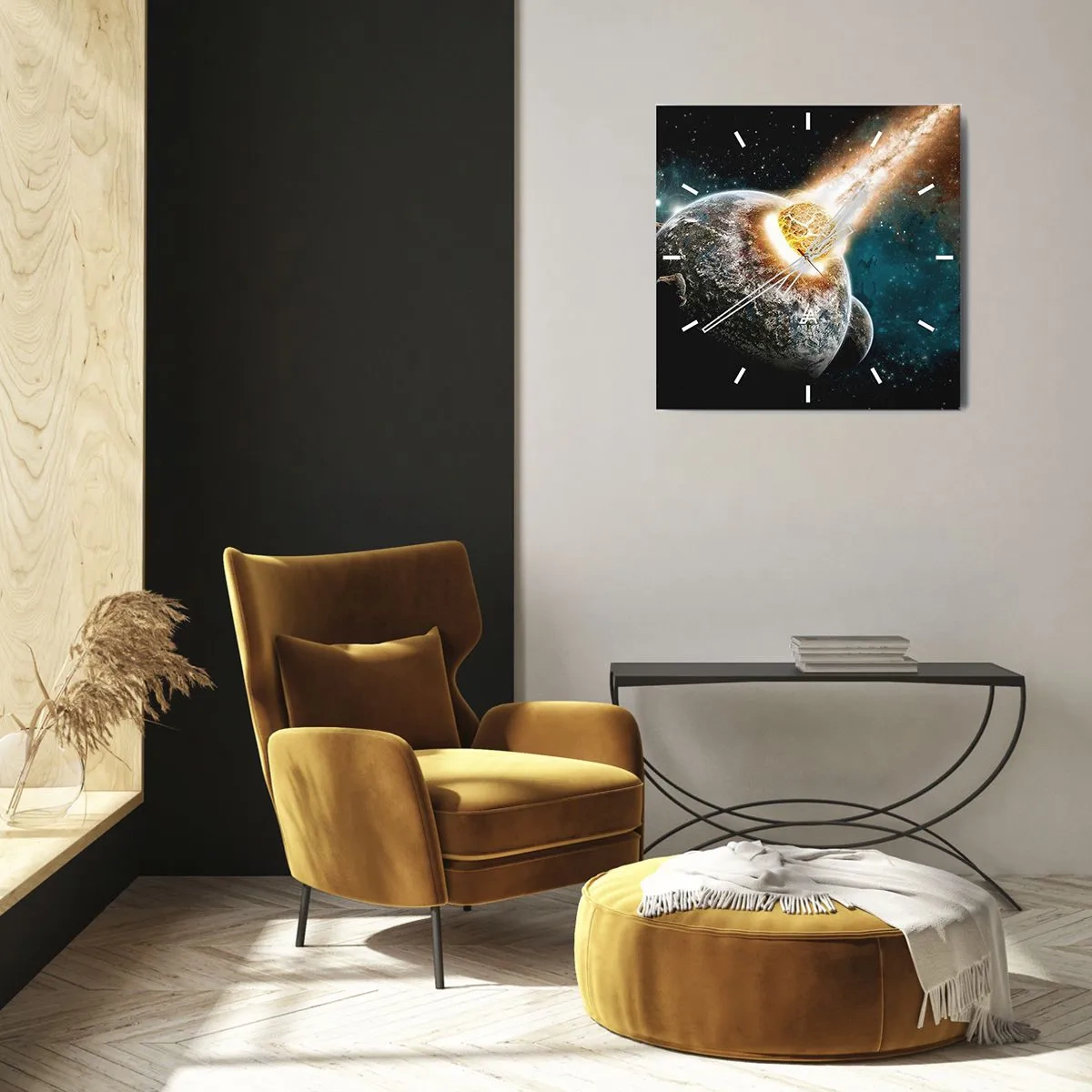 Wanduhr - Glasuhr - Kosmische Kollision eines Planeten mit einem Asteroiden in der Nähe der Galaxie. - 30x30cm - Holocaust oder Geburt? - Moderne Wanddekoration für Wohnzimmer und Schlafzimmer ARTTOR