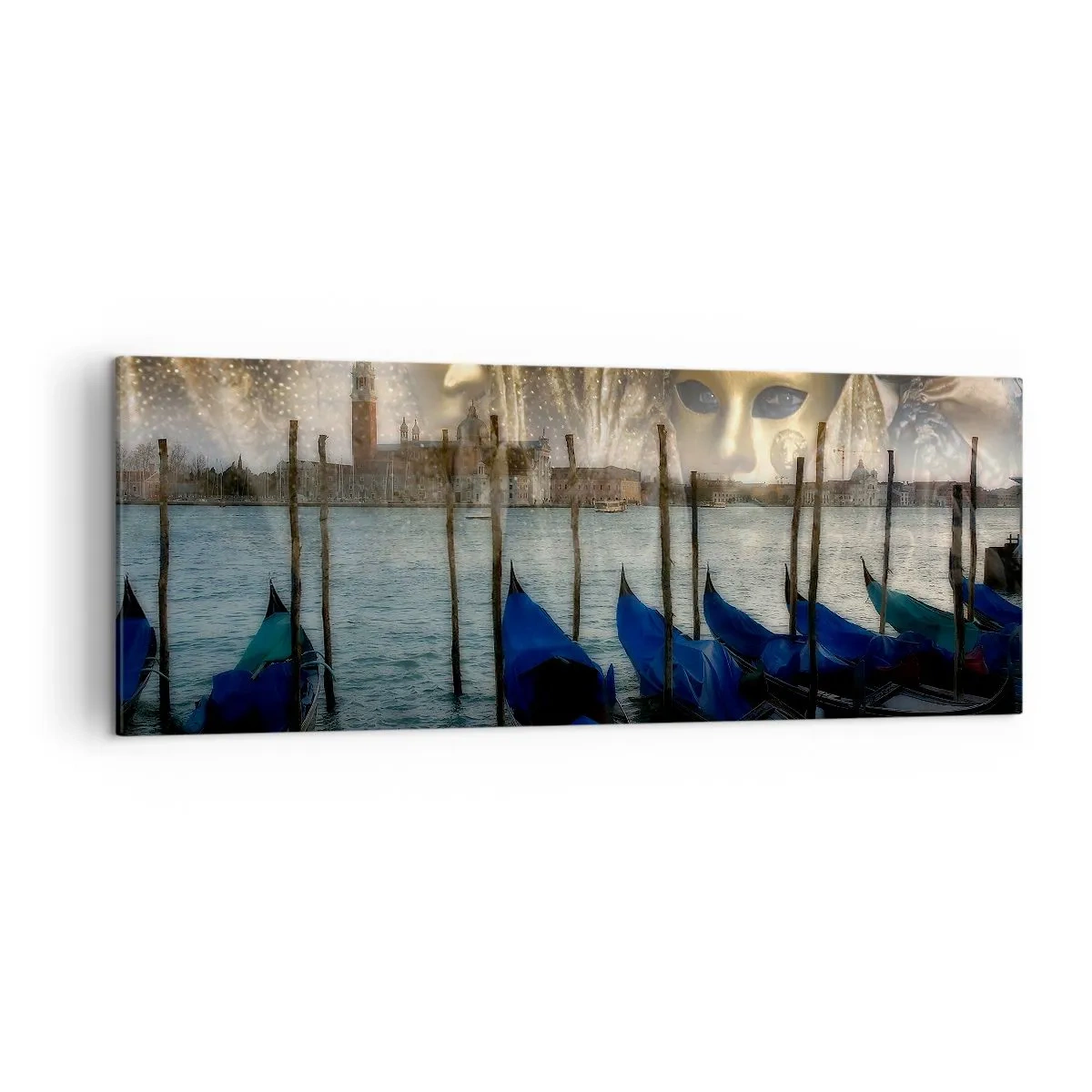 Bild auf Leinwand - Leinwandbild - Venezianische Karnevalsmasken und Gondeln vor der Kulisse der Stadt und des Wassers - 140x50cm - Es ist Zeit, den Karneval zu starten - Moderne Wanddekoration für Wohnzimmer und Schlafzimmer ARTTOR