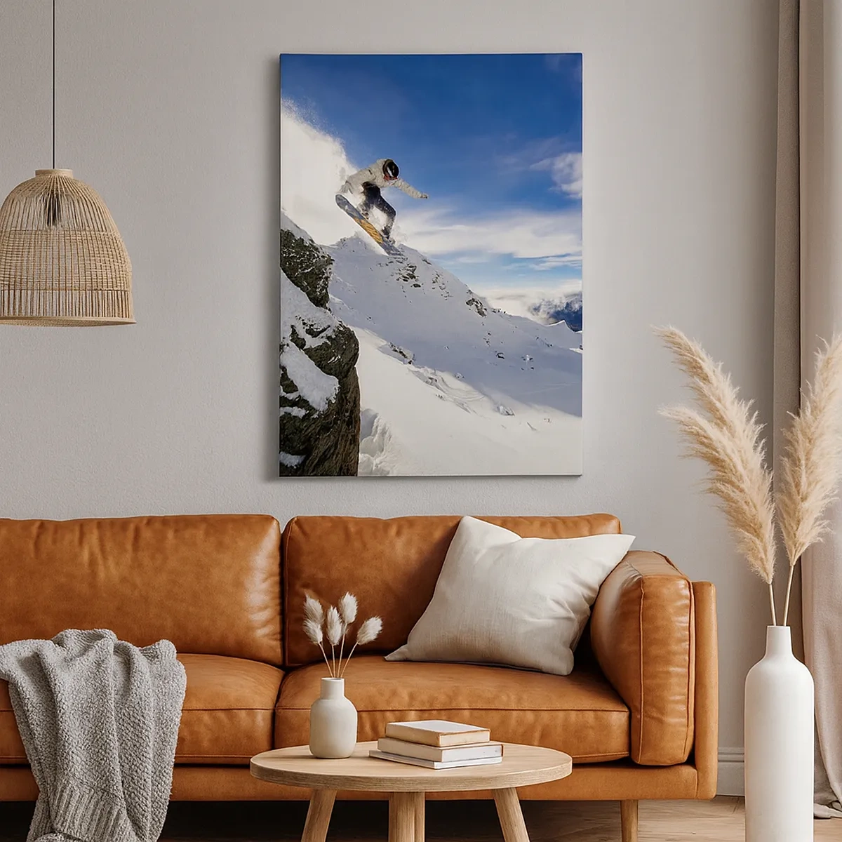 Bild auf Leinwand - Leinwandbild - Ein Snowboarder springt von einer Klippe mit schneebedeckten Bergen im Hintergrund. - 50x70cm - Freiheit ohne Grenzen - Moderne Wanddekoration für Wohnzimmer und Schlafzimmer ARTTOR