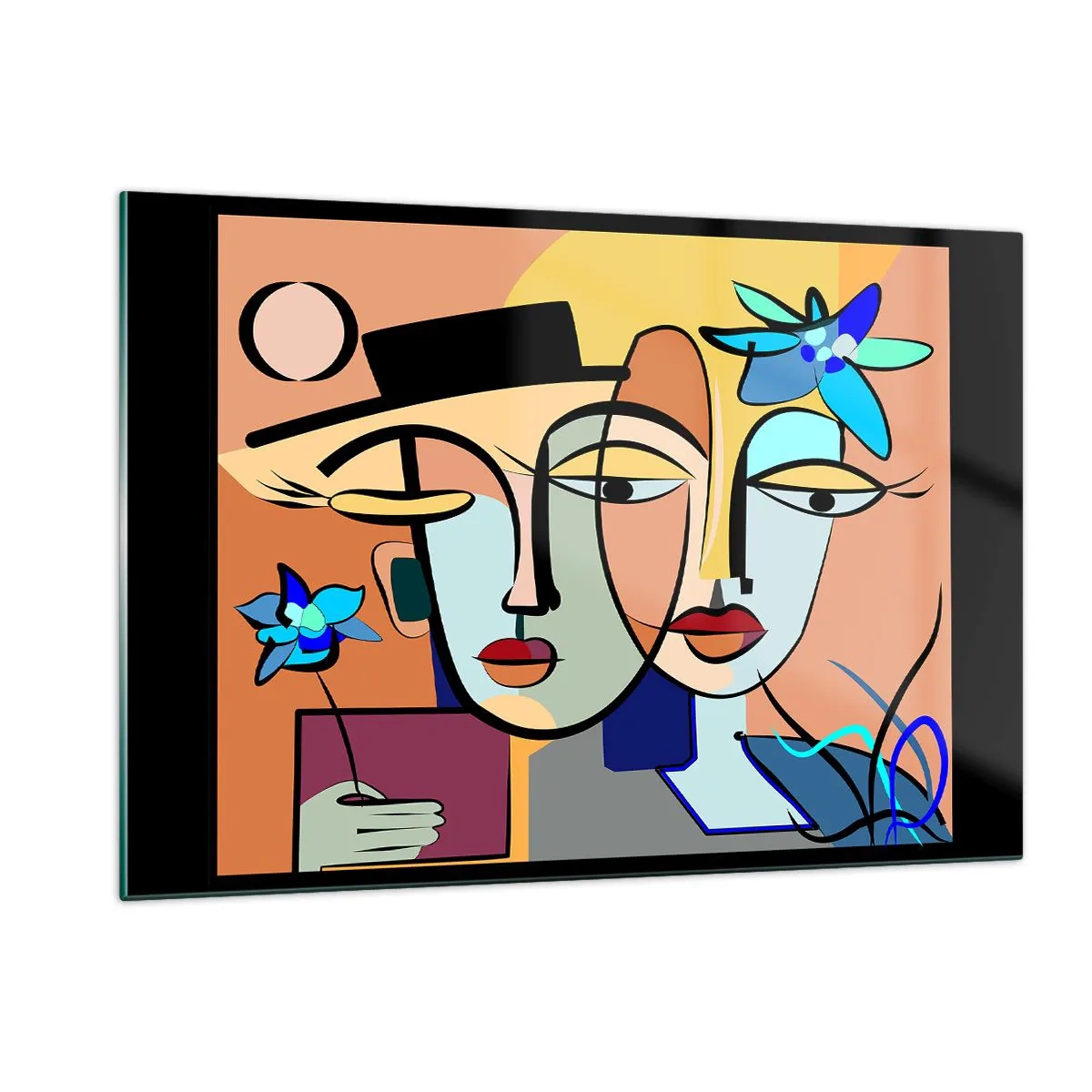 Glasbild - Bild auf glas - Bunte Gesichter im kubistischen Stil mit Blumen - 120x80cm - Picassos randez vous - Moderne Wanddekoration für Wohnzimmer und Schlafzimmer ARTTOR