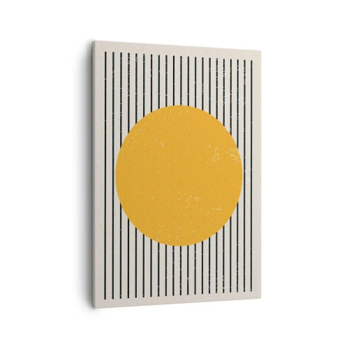 Bild auf Leinwand - Leinwandbild - Ein gelber Kreis auf einem Hintergrund aus schwarzen und weißen horizontalen Linien - 50x70cm - Die Kraft der Einfachheit - Moderne Wanddekoration für Wohnzimmer und Schlafzimmer ARTTOR