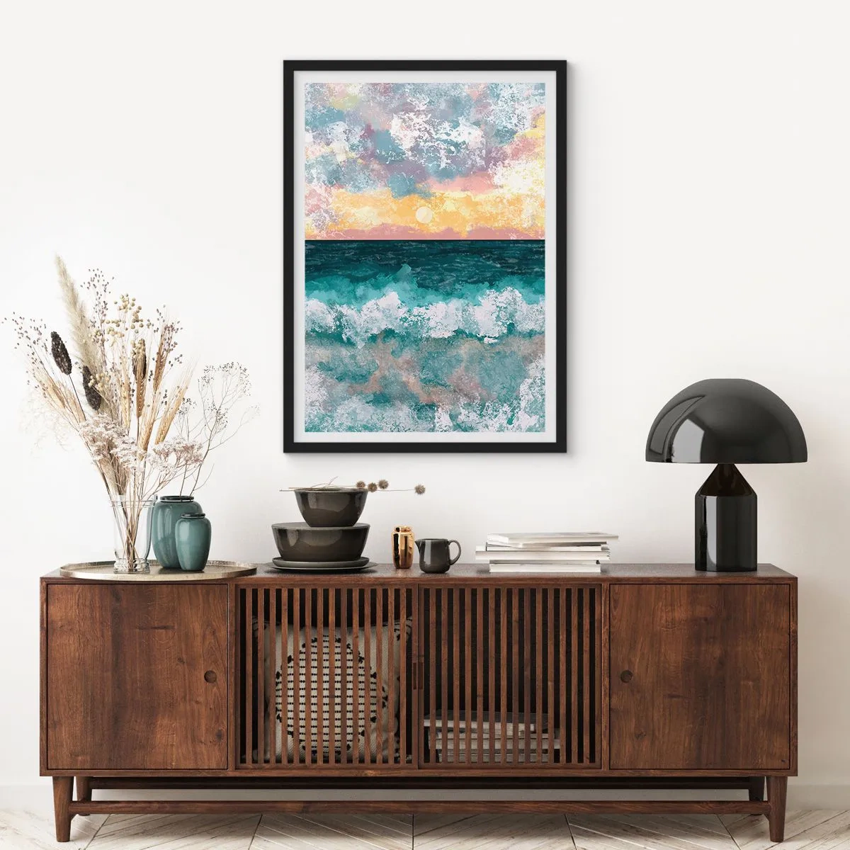 Poster in einem schwarzem Rahmen - Meereswellen und Sonnenuntergang im Aquarellstil - 50x70cm - Wasser, Licht, Luft - Moderne Wanddekoration für Wohnzimmer und Schlafzimmer ARTTOR