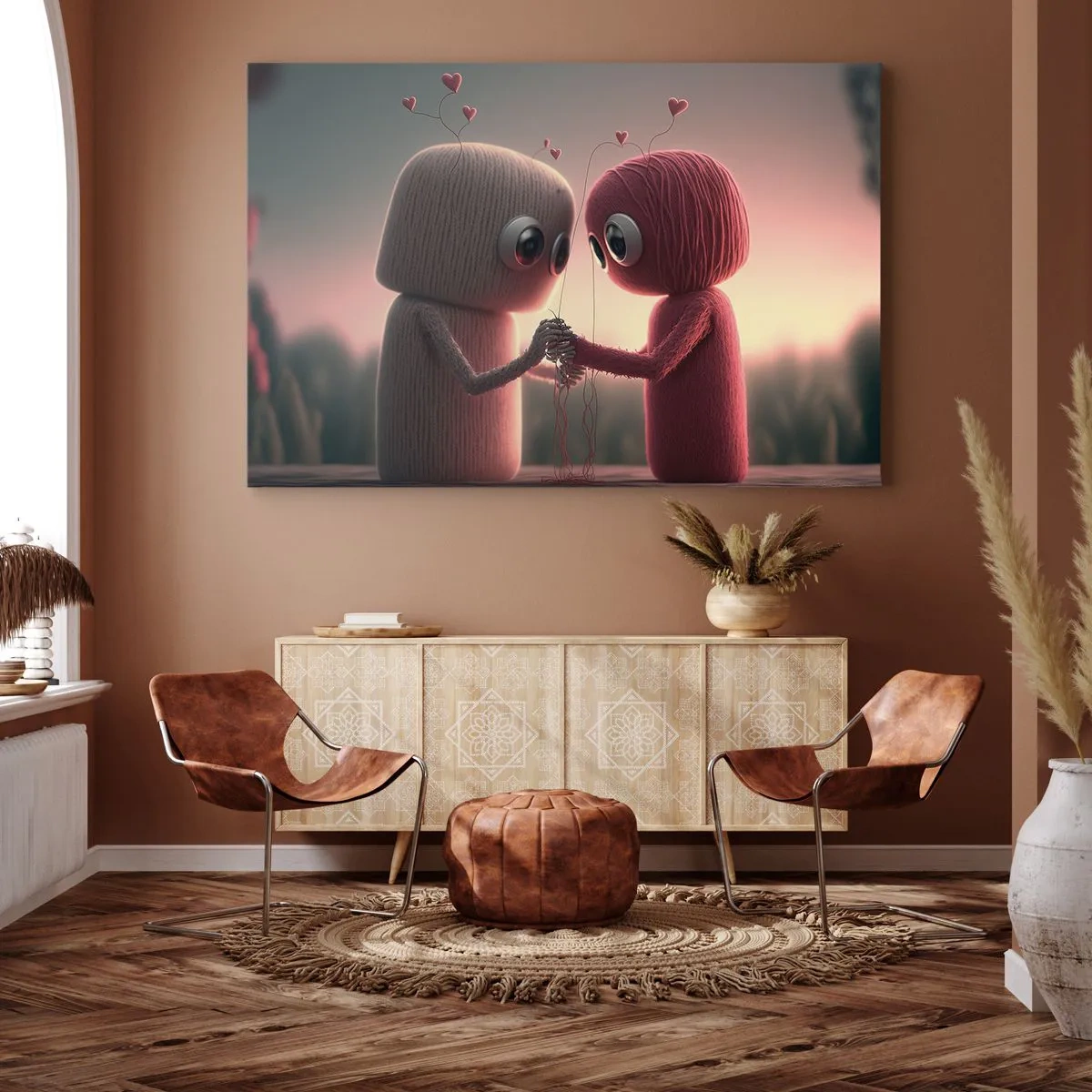 Bild auf Leinwand - Leinwandbild - Garnfiguren in einer bezaubernden Umgebung mit Herzmotiven - 70x50cm - Jeder darf lieben - Moderne Wanddekoration für Wohnzimmer und Schlafzimmer ARTTOR