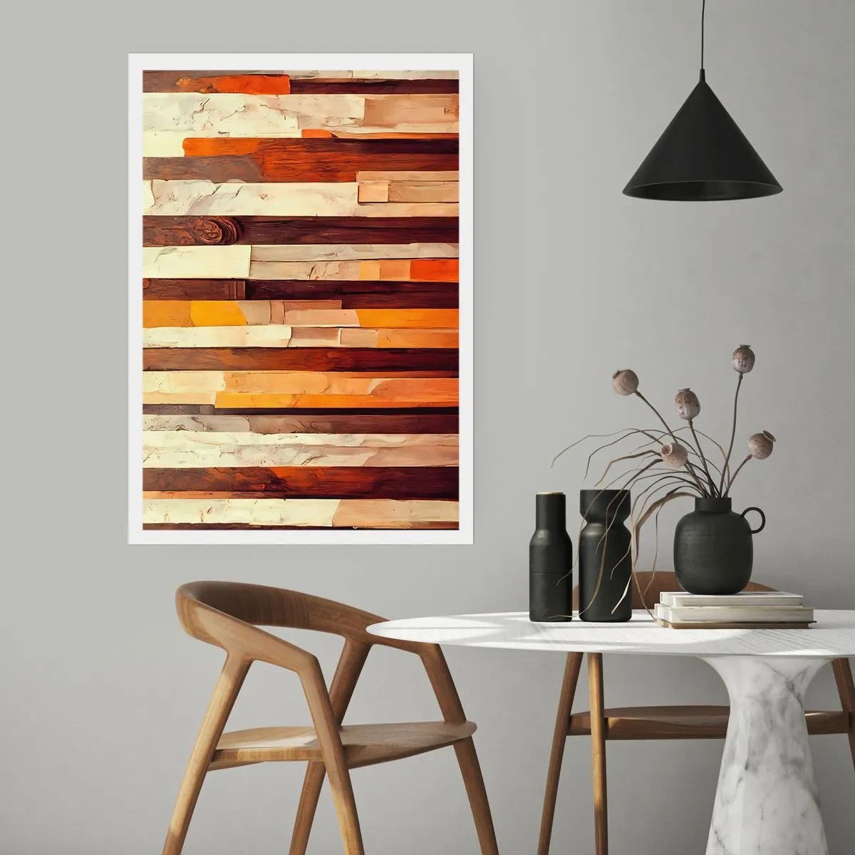 Poster - Eine abstrakte Komposition aus Holzpaneelen in warmen Farben. - 50x70cm - Hymne der Waldbäume - Moderne Wanddekoration für Wohnzimmer und Schlafzimmer ARTTOR