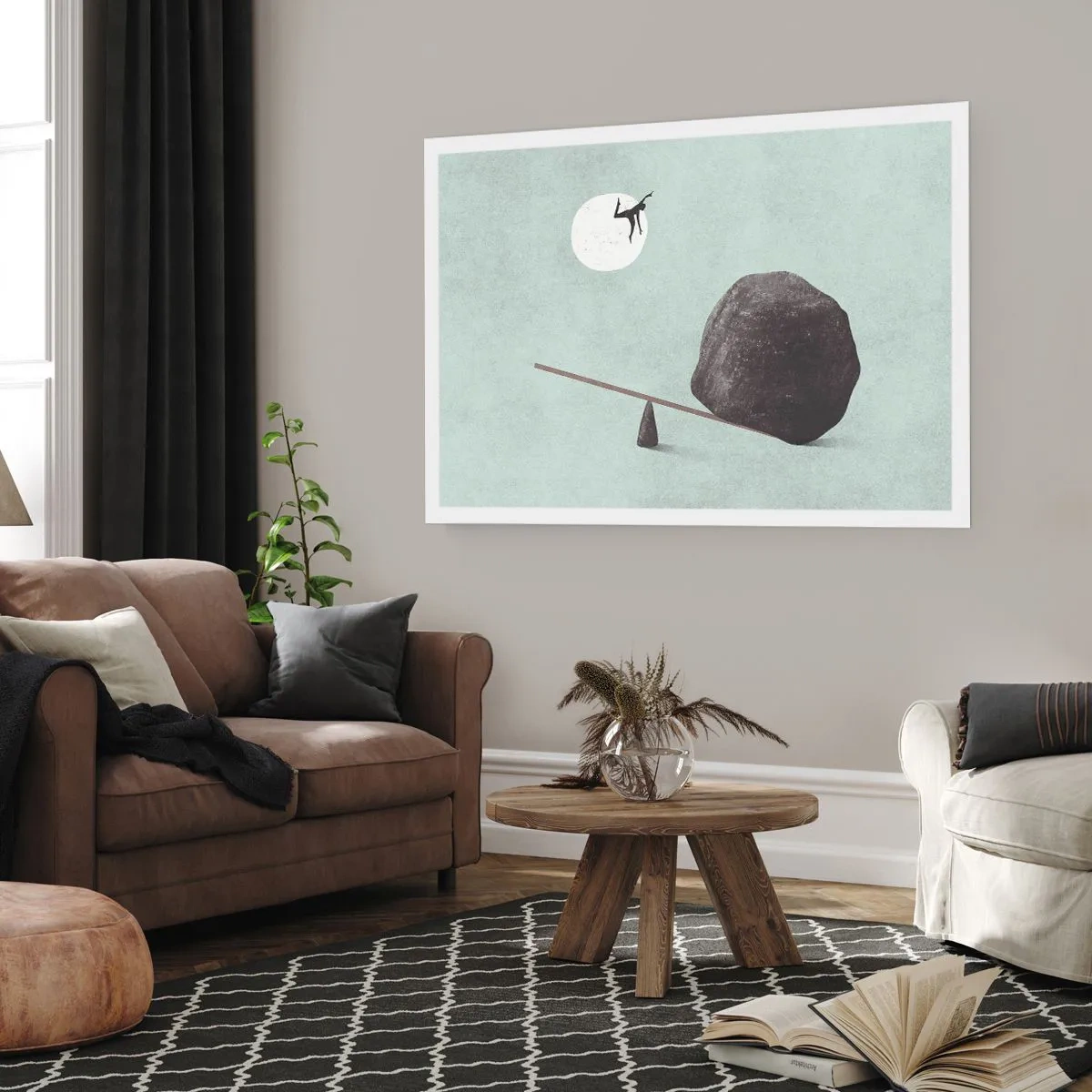 Poster - Eine symbolische Szene mit einer Figur und einem Gleichgewicht vor einem hellen Himmel. - 100x70cm - Erfüllte Träume - Moderne Wanddekoration für Wohnzimmer und Schlafzimmer ARTTOR