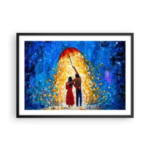 Poster in einem schwarzem Rahmen - Ein Paar unter einem roten Regenschirm im leuchtenden Regen - 70x50cm - Zauber eines Regenabends? - Moderne Wanddekoration für Wohnzimmer und Schlafzimmer ARTTOR