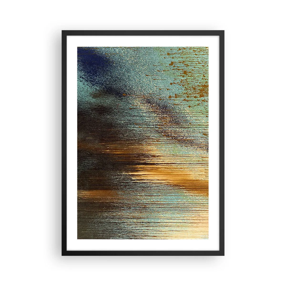 Poster in einem schwarzem Rahmen - Eine abstrakte Komposition aus goldenen und blauen Pinselstrichen. - 50x70cm - Eine nicht zufällige farbenfrohe Komposition - Moderne Wanddekoration für Wohnzimmer und Schlafzimmer ARTTOR