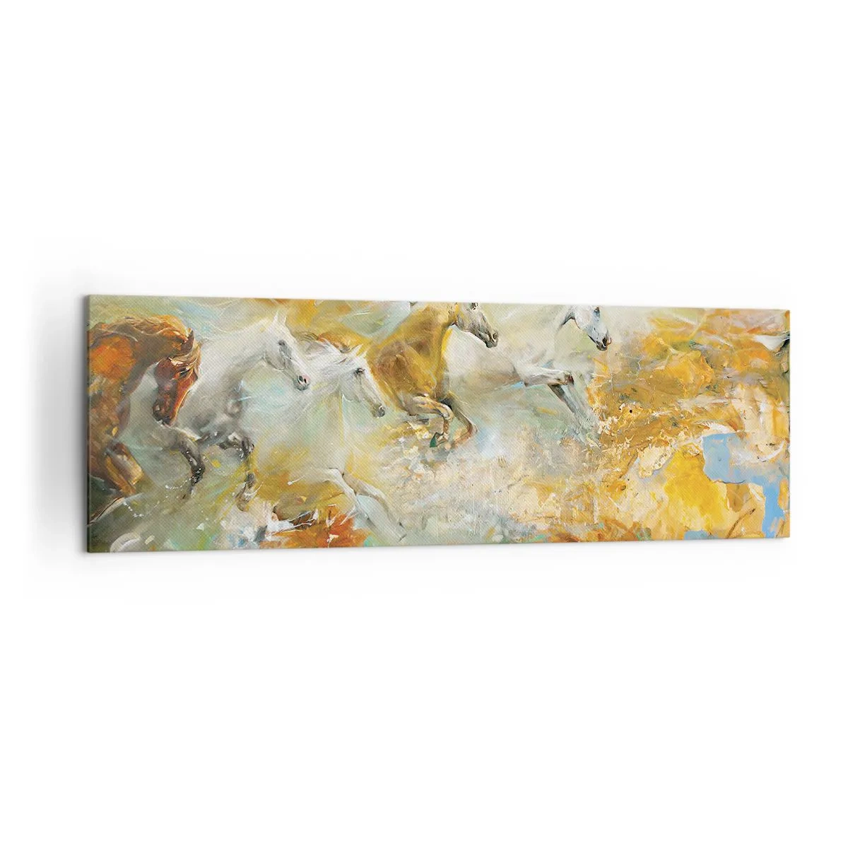 Bild auf Leinwand - Leinwandbild - Künstlerische Pferde in einer dynamischen, farbenfrohen Umgebung - 160x50cm - Im Galopp durch das Licht - Moderne Wanddekoration für Wohnzimmer und Schlafzimmer ARTTOR