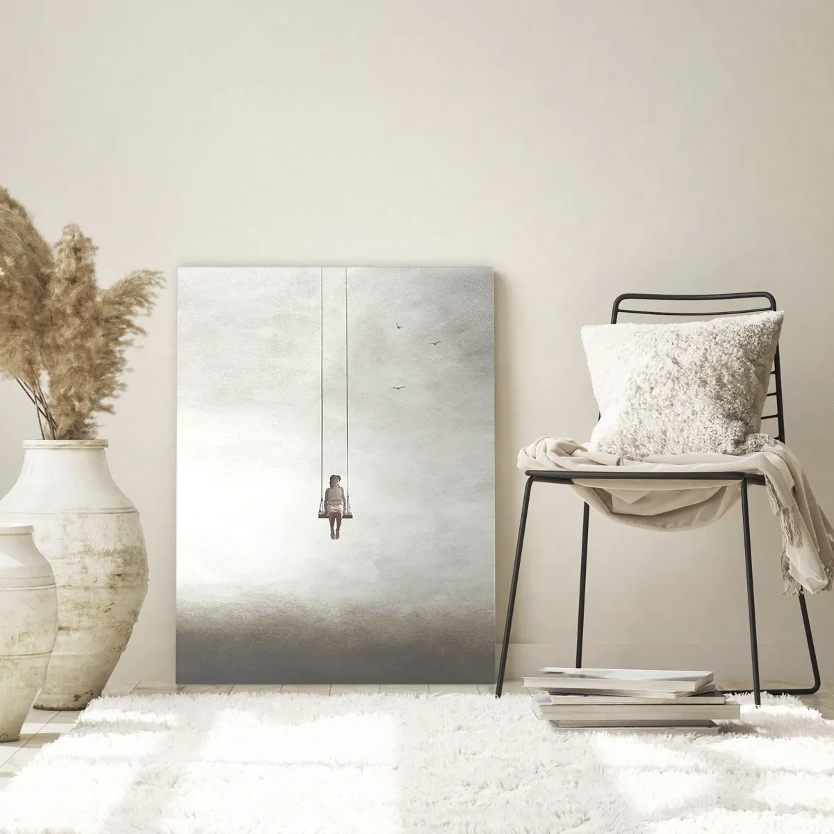 Glasbild - Bild auf glas - Eine Figur auf einer Schaukel, die im Himmel schwebt - 50x70cm - Ein Kind in uns - Moderne Wanddekoration für Wohnzimmer und Schlafzimmer ARTTOR