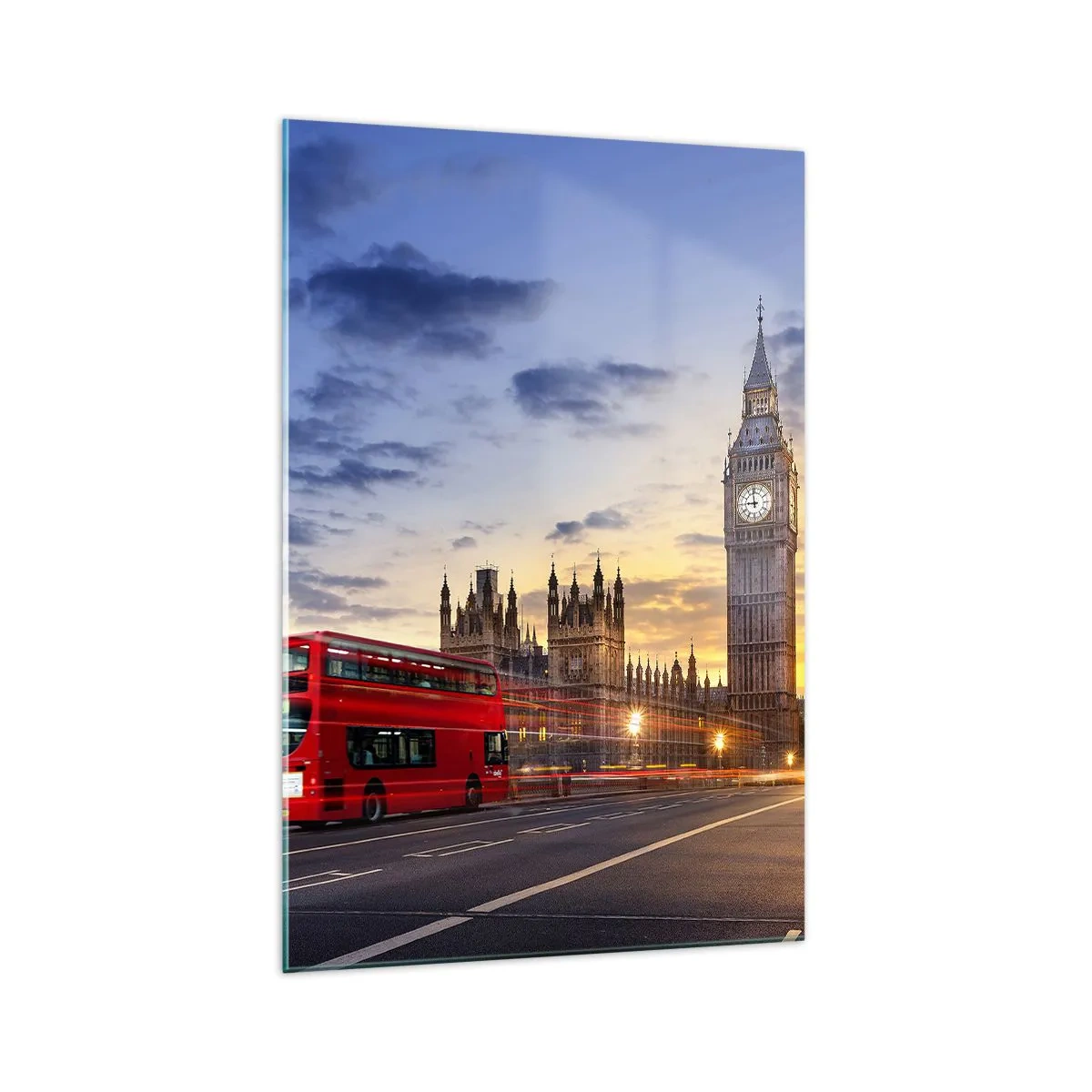 Glasbild - Bild auf glas - Ein roter Bus mit Big Ben und den Houses of Parliament im Hintergrund in der Abenddämmerung. - 70x100cm - Spezielle Charaktere - Moderne Wanddekoration für Wohnzimmer und Schlafzimmer ARTTOR