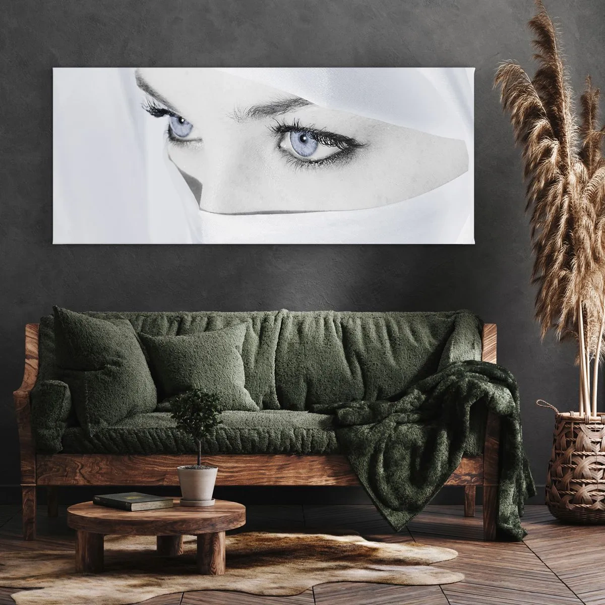 Bild auf Leinwand - Leinwandbild - Porträt einer Frau mit blauen Augen, versteckt hinter einem weißen Schleier - 120x50cm - Aus Tausendundeiner Nacht - Moderne Wanddekoration für Wohnzimmer und Schlafzimmer ARTTOR