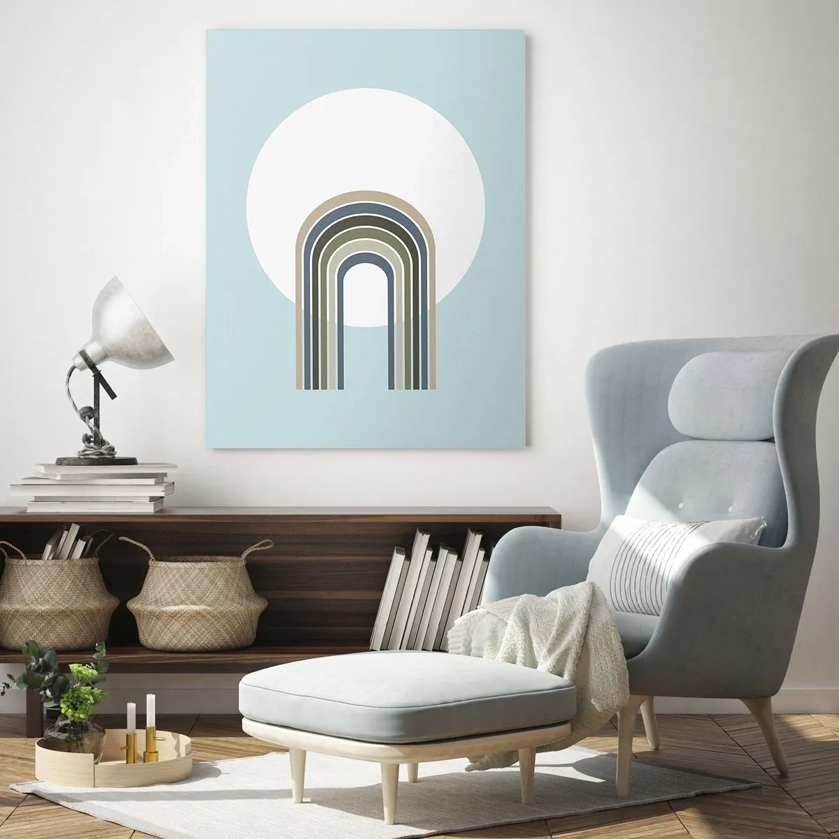 Glasbild - Bild auf glas - Eine minimalistische Komposition mit einem Kreis und Linien auf pastellfarbenem Hintergrund. - 70x100cm - Unwiderstehliche Anziehungskraft - Moderne Wanddekoration für Wohnzimmer und Schlafzimmer ARTTOR