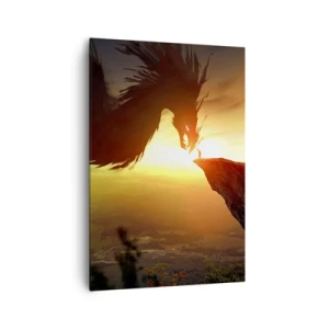 Bild auf Leinwand - Leinwandbild - Ein Drache und ein Mann auf einem Felsen im Schein der untergehenden Sonne - 70x100cm - Drachentöter - Moderne Wanddekoration für Wohnzimmer und Schlafzimmer ARTTOR