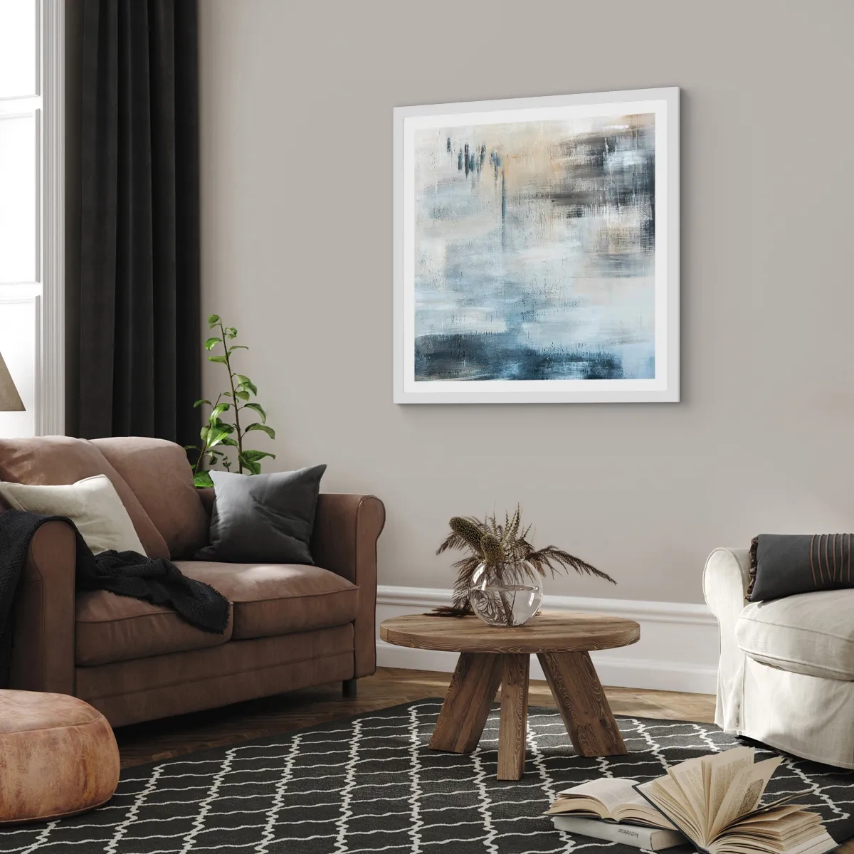 Poster in einem weißen Rahmen - Hinter dem blauen Vorhang - 60x60 cm