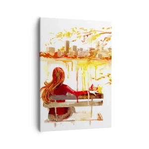 Bild auf Leinwand - Leinwandbild - Aquarellszene einer Frau auf einer Bank mit Blick auf die Stadt - 50x70cm - Ein Moment der Besinnung - Moderne Wanddekoration für Wohnzimmer und Schlafzimmer ARTTOR