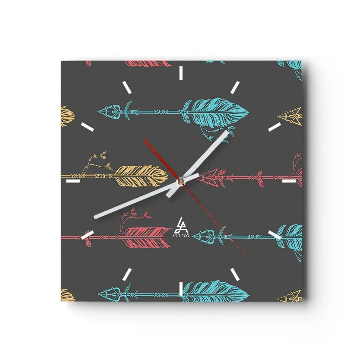 Wanduhr - Glasuhr - Stilisiertes Pfeilmuster in Pastellfarben auf dunklem Hintergrund - 30x30cm - In der Verordnung - Moderne Wanddekoration für Wohnzimmer und Schlafzimmer ARTTOR