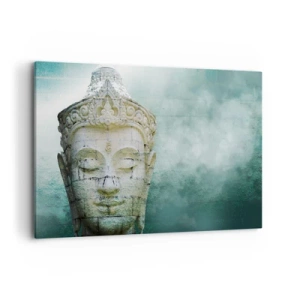 Bild auf Leinwand - Leinwandbild - Buddha-Statue mit sanftem Nebel vor grünem Hintergrund - 120x80cm - Auf der Suche nach dem Licht - Moderne Wanddekoration für Wohnzimmer und Schlafzimmer ARTTOR